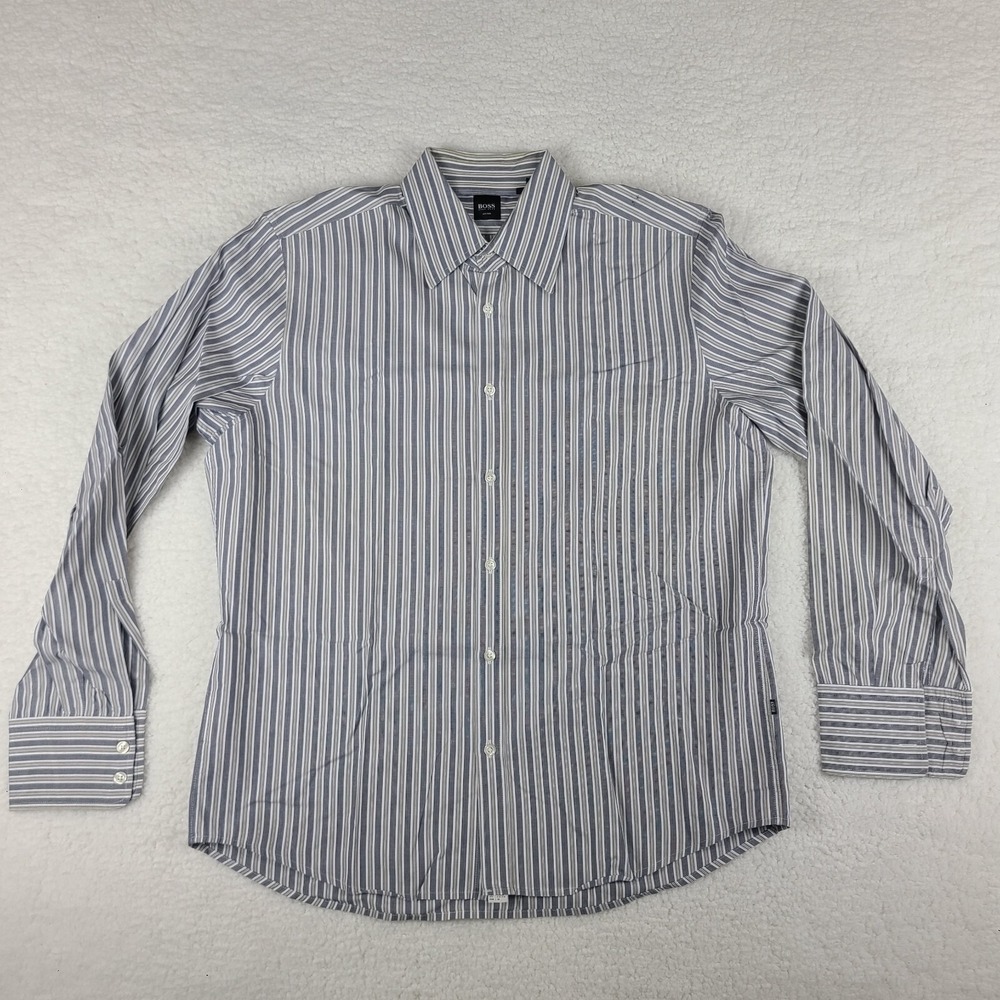Hugo Boss Dress Shirt Mens XL Blue White Striped Fitted Button Up